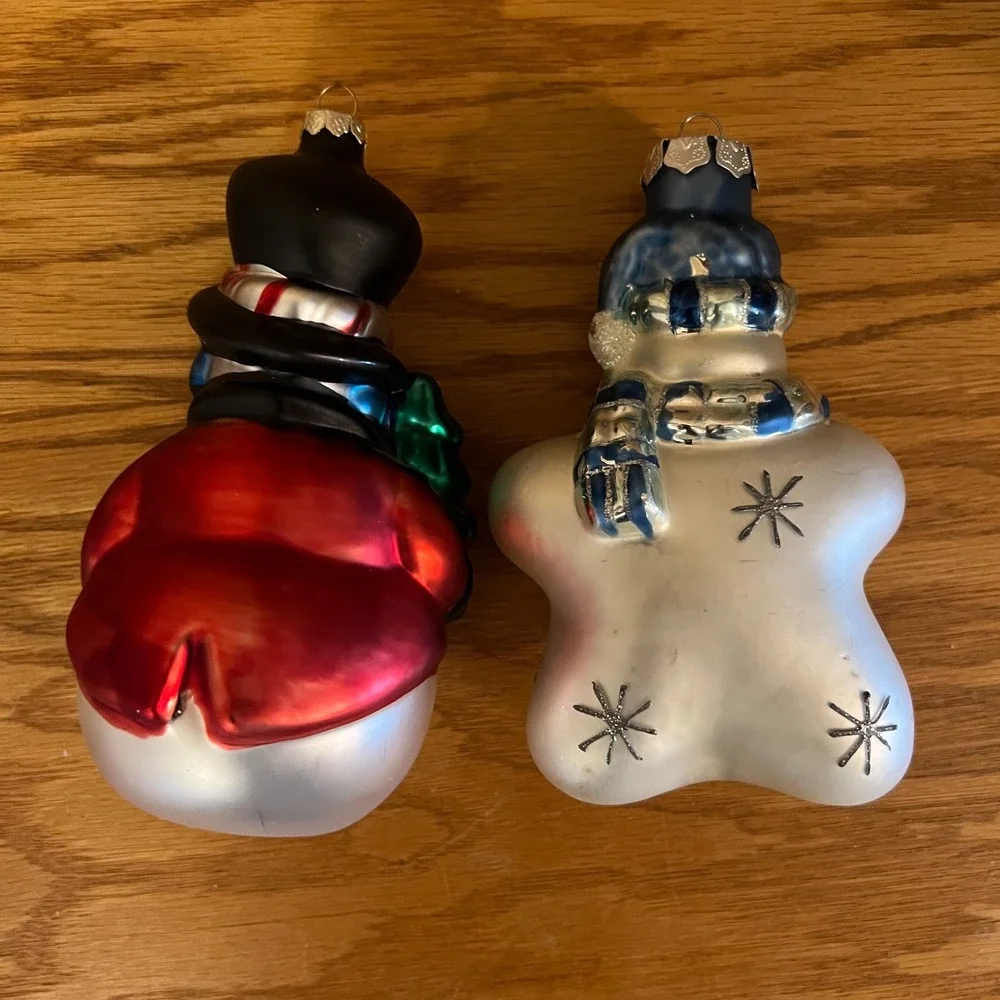 Vintage Snowman Christmas Ornaments Hand Blown Painted Glass Holiday Lot Of 2
